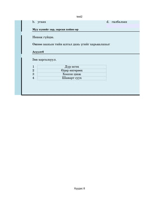 test2

b. угаах                                   d.   гялбалзах

Муу хүнийг зар, зарсан хойно өр


Нөхөж гүйцээ.

Өмнөө заахын тийн ялгал дахь үгийг харьяалахыг

Асуулт6


Зөв харгалзуул.

1                    Дүр эсгэх
2                  Өдөр өнгөрөөх
3                   Хоосон цээж
4                  Шаварт суух




                            Хуудас 8
 