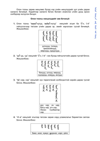       
                                                                                             
      Олон тооны зарим нөхцлөөс бусад нэр үгийн нөхцлүүдийг уул үгийн дараа
саланги бичимуй. Хэдийгээр саланги бичих боловч ихэвчлэн үгийн дунд орсон
хэлбэрээр эхлүүлэн бичдэг.

                    Олон тооны нөхцлүүдийг зөв бичихүй

  1. Олон тооны “-нугуд, -нүгүд”    нөхцлийг эгшиг ба “-н, -й”
     гийгүүлэгчээр төгссөн үгийн дараа эр, эмийг харгалзан тусгай бичимуй.
     Жишээлбээс:




                                 
                                 
                                 
                                 
                                 
                               уулнууд, толиуд,
                                эрвээхэйнүүд,
                              мөрнүүд, нуруунууд

  2. “–уд, -үд” нөхцлийг “-н, -й” –ээс бусад гийгүүлэгчийн дараа тусгай бичнэ.
     Жишээлбээс:
                               
                               
                               
                               
                               
                               




                            бахууд, үсгүүд, мөрүүд,
                           хүүхдүүд, номууд, ангууд

  3. “–нар, нэр” нөхцлийг хүн төрөлхтөний холбогдолтой нэрийн дараа тусгай
     бичнэ. Жишээлбээс:
                                 
                                 
                                 
                                 
                                  




                              дүү нэр, ач нар,
                              багш нар, эгч нэр,
                              Ленин    Сүхбаатар
                              нар

  4. “᠊–с” нөхцлийг эгшгээр төгссөн зарим нэрд уламжлалыг баримтлан залгаж
     бичнэ. Жишээлбээс:
                              
                              
                              
                              
                              
                              




                     биес, ихэс, хүмүс, 14
                                        эрдэнэс, нэрс, үйлс
 