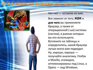 Нет-нет — оставлю их вам.
Все зависит от того, как и
для чего вы применяете
браузер, а также от
операционной (-ых) системы
(систем), в рамках которых
вы его используете.
Взгляните на таблицы и
определитесь, какой браузер
лучше всего вам подходит.
Ну, хорошо, хорошо —
получайте аналитику. Firefox
и Mozilla, очевидно,
оптимизированы под Linux, а
Opera — под Windows.
 