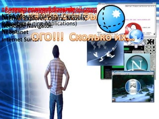 •Браузер с поддержкой мультимедиа.
•Браузер режима командной строки
  •полноэкранный браузер( альтернативные)
   •Браузеры-дополнения
  Lynx
NCSA Mosaic (National Center for
Netsurf Explorer, Opera, Mozilla,
Internet
Supercomputing Applications)
Konqueror(
  Arachne       хна)
Netscape Navigator.
Nexus
Neoplanet
Internet Surfer
 