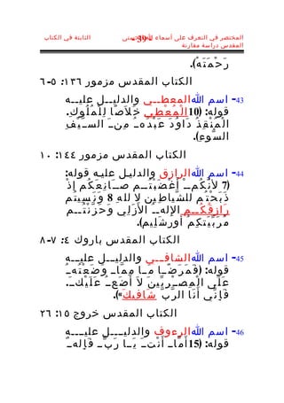 ‫الثابتة في الكتاب‬              ‫المختصر في التعرف على أسماء ا الحسنى‬
                                 ‫- 93 -‬
                                                ‫المقدس دراسة مقارنة‬


                                                            ‫ر َ ح ْ م َ ت َ ه ُ(.‬
‫الكتاب المقدس مزمور ٦٣١: ٥- ٦‬
       ‫34- اسم ا المعط ــي والدلي ــل علي ــه‬
             ‫ـ‬                 ‫ـ‬              ‫ـ‬
         ‫قوله: )01 ا ل ْ م ُ ع ْط ِي خ َ ل َص ًا ل ِ ل ْ م ُ ل ُو ك ِ.‬
       ‫ا ل ْ م ُ ن ْ ق ِ ذ ُ د َا و ُ د َ ع َ ب ْ د َهــ ُ م ِنــ َ الســ ّ ي ْ ف ِ‬
                                                              ‫ال س ّو ء ِ(.‬
‫الكتاب المقدس مزمور ٤٤١: ٠١‬
       ‫44- اسم ا الرازق والدليـل عليـه قوله:‬
       ‫)7 ل ن ّ ك ُمــ ْ أ َ غ ْ ض َ ب ْ ت ُــم صــ َا ن ِ ع َ ك ُم إ ذ ْ‬
       ‫ذ َ ب َ ح ْت ُم لل ش ّيا ط ِ ين ل لل ه ِ 8 و َ ن َ س ِي ت ُم‬
        ‫ر َاز ق ُ ك ُــم ا لِ لهـ ـ ُ ا ل َز َ ل ِي و َ ح َ ز ّ ن ْ ت ُــم‬
                                        ‫م ُ ر َ ب ّ ي َت ك ِ م ُ أور ش َ ل ِيم(.‬
‫الكتاب المقدس باروك ٤: ٧- ٨‬
       ‫54- اسم ا الشافـــي والدليـــل عليـــه‬
       ‫قوله: ) ف َ م َ ر َ ض ًــا م َــا م ِ م ّاــ و َ ض َ ع ْ ت ُهــ ُ‬
         ‫ع َ ل َى ا ل ْ م ِصــ ْ ر ِ ي ّي ن َ ل َ أ َ ض َعــ ُ ع َ ل َ ي ْكــ َ.‬
                               ‫ف َ إ ِ ن ّي أَ ن َا ال ر ّ ب ّ ش َا ف ِي ك َ«(.‬
‫الكتاب المقدس خروج ٥١: ٦٢‬
       ‫64- اسم ا الرءوف والدليــــل عليــــه‬
       ‫قوله: )51 أ َ م ّاــ أ َ ن ْتــ َ ي َــا ر َ ب ّــ ف َ إ ِلهــ ٌ‬
 