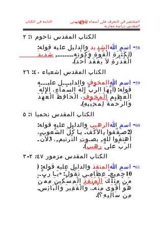 ‫الثابتة في الكتاب‬               ‫المختصر في التعرف على أسماء ا الحسنى‬
                                  ‫- 34 -‬
                                                 ‫المقدس دراسة مقارنة‬


‫الكتاب المقدس ناحوم ١: ٢‬
        ‫85- اسم ا الشد يد والدل يل عل يه قوله:‬
       ‫) ل ِ ك َ ث ْ ر َ ة ِ ا ل ْ ق ُ و ّ ة ِ و َ ك َ و ْ ن ِهـــــــ ـ ِ ش َ د ِي د َ‬
                              ‫ا ل ْ ق ُ د ْ ر َ ة ِ ل َ ي ُ ف ْ ق َ د ُ أ َ ح َ د ٌ(.‬
‫الكتاب المقدس إشعياء ٠٤: ٦٢‬
       ‫95- اسم ا المخوف والدلي ـــل علي ـــه‬
                 ‫ـ‬               ‫ـ‬
         ‫قوله: ) أ َ ي ّ ه َا ال ر ّ ب ّ إ ِ ل ه ُ ال س ّ م َا ء ِ، ا لِ ل ه ُ‬
       ‫ا ل ْ ع َ ظ ِي م ُ ا ل ْ م َ خ ُو ف ُ ، ا ل ْ ح َا ف ِ ظ ُ ا ل ْ ع َ ه ْ د َ‬
                                            ‫و َال ر ّ ح ْ م َ ة َ ل ِ م ُ ح ِ ب ّي ه ِ(.‬
‫الكتاب المقدس نحميا ١: ٥‬
       ‫06- اسم ا الره يب والدل يل عل يه قوله:‬
       ‫)2 صـ ف ّقوا ب ِال ك ُ ف ّـ يـا ك ُ ل َ ال ش ّعوبـِ،‬
                                                      ‫َ‬
       ‫ا َهت ف ُوا لله ـ ِ بصـو ت ِ ال ت ّرنيم ـ ِ، 3 ل ن ّـ‬
                                   ‫ال ر ّ ب ّ عل ي ّ رهي ب ٌ(.‬
‫الكتاب المقدس مزمور ٧٤: ٢- ٣‬
        ‫16- اسم ا المن قذ والدل يل عل يه قوله: )‬
       ‫01 ج َ م ِيعـ ُ ع ِ ظ َا م ِـي ت َ ق ُو ل ُ: » ي َـا ر َ ب ّـ،‬
       ‫م َ ن ْ م ِ ث ْ ل ُ ك َ ا ل ْ م ُ ن ْ ق ِ ذ ُ ا ل ْ م ِ س ْ ك ِي ن َ م ِ م ّ ن ْ‬
         ‫ه ُ و َ أ َ ق ْ و َى م ِ ن ْهـُ، و َا ل ْ ف َ ق ِي ر َ و َا ل ْ ب َا ئ ِسـ‬
         ‫َ‬
                                                         ‫م ِ ن ْ س َا ل ِ ب ِ ه ِ؟(.‬
 