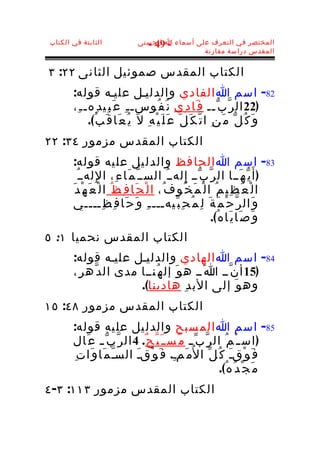 ‫الثابتة في الكتاب‬              ‫المختصر في التعرف على أسماء ا الحسنى‬
                                 ‫- 94 -‬
                                                ‫المقدس دراسة مقارنة‬


‫الكتاب المقدس صموئيل الثانى ٢٢: ٣‬
       ‫28- اسم ا الفادي والدليـل عليـه قوله:‬
       ‫)22 ال ر ّ ب ّــ ف َا د ِي ن ُ ف ُوسـ ـ ِ ع َ ب ِي د ِهـ ـ ِ،‬
             ‫و َ ك ُ ل ّ م َ ن ِ ا ت ّ ك َ ل َ ع َ ل َ ي ْ ه ِ ل َ ي ُ ع َا ق َ ب ُ(.‬
‫الكتاب المقدس مزمور ٤٣: ٢٢‬
       ‫38- اسم ا الحا فظ والدل يل عل يه قوله:‬
         ‫) أَ ي ّ ه َــا ال ر ّ ب ّــ إ ِ لهــ ُ الســ ّ م َا ء ِ، ا لِ لهــ ُ‬
       ‫ا ل ْ ع َ ظ ِي م ُ ا ل ْ م َ خ ُو ف ُ، ا ل ْ ح َا ف ِ ظ ُ ا ل ْ ع َ ه ْ د َ‬
       ‫و َال ر ّ ح ْ م َ ة َ ل ِ م ُ ح ِ ب ّيهـــ ـ ِ و َ ح َا ف ِ ظ ِــــي‬
                                                               ‫و َ ص َا ي َا ه ُ(.‬
‫الكتاب المقدس نحميا ١: ٥‬
       ‫48- اسم ا الهادي والدليـل عليـه قوله:‬
       ‫)51 أ ن ّــ ا َــ ه و َ إل ه ُنــا مدى ال د ّه ر ِ،‬
                        ‫وه و َ إلى الب د ِ هادينا(.‬
‫الكتاب المقدس مزمور ٨٤: ٥١‬
       ‫58- اسم ا الم سبح والدل يل عل يه قوله:‬
       ‫) اس ـ ْ م ُ ال ر ّ ب ّ ـ م ُس ـ َ ب ّ ح ٌ. 4 ال ر ّ ب ّ ـ ع َال‬
        ‫ف َ و ْقـ ك ُ ل ّ ا لُم َمـ. ف َ و ْقـ السـ م َا و َا ت ِ‬
                      ‫ّ‬    ‫َ‬              ‫ِ‬                    ‫َ‬
                                                          ‫م َ ج ْ د ُ ه ُ(.‬
‫الكتاب المقدس مزمور ٣١١: ٣- ٤‬
 
