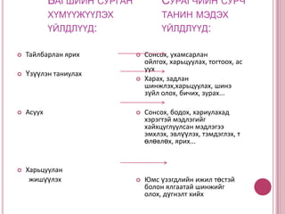 Сурган хүмүүжүүлэх арга гэдэг нь:Сурагчдад мэдлэг, сурах арга барил эзэмшүүлэх, тэдэнд бие хүний эрхэм чанарыг төлөвшүүлэх, нийгэмшүүлэх зорилгоор гүйцэтгэж буй багшийн үйлдэл, үйлүүд юм.Жишээ нь: ярих, үзүүлэх, шаардлага тавих гэх мэт.  