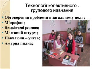 Технології колективного - групового навчання Обговорення проблеми в загальному полі  ; Мікрофон ; Незакінчені речення ; Мозговий штурм ; Навчаючи – учусь ; Ажурна пилка ; 