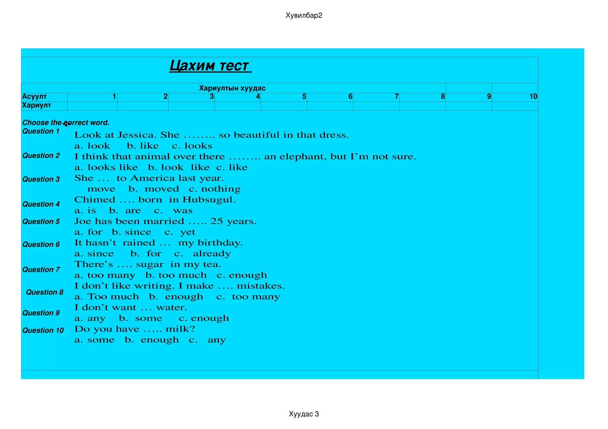 Хувилбар2




                                    Цахим тест 
                                        Хариултын хуудас 
Асуулт                      1   2         3           4         5       6   7       8   9   10
Хариулт 

Choose the correct word. 
           
Question 1
              Look at Jessica. She …….. so beautiful in that dress. 
              a. look     b. like    c. looks 
Question 2    I think that animal over there …….. an elephant, but I’m not sure. 
              a. looks like   b. look  like  c. like 
Question 3    She …  to America last year. 
                 move    b.  moved   c. nothing 
Question 4
              Chimed …. born  in Hubsugul. 
              a. is    b.  are    c.   was 
Question 5    Joe has been married ….. 25 years. 
              a. for   b. since    c.  yet  
Question 6    It hasn’t  rained …  my birthday. 
              a. since     b.  for    c.   already 
              There’s …. sugar  in my tea. 
Question 7
              a. too many   b. too much   c. enough 
              I don’t like writing. I make …. mistakes. 
 Question 8
              a. Too much   b.  enough    c.  too many 
              I don’t want … water. 
Question 9
              a. any    b.  some     c. enough 
Question 10   Do you have ….. milk? 
              a. some   b.  enough   c.   any    




                                                            Хуудас 3
 