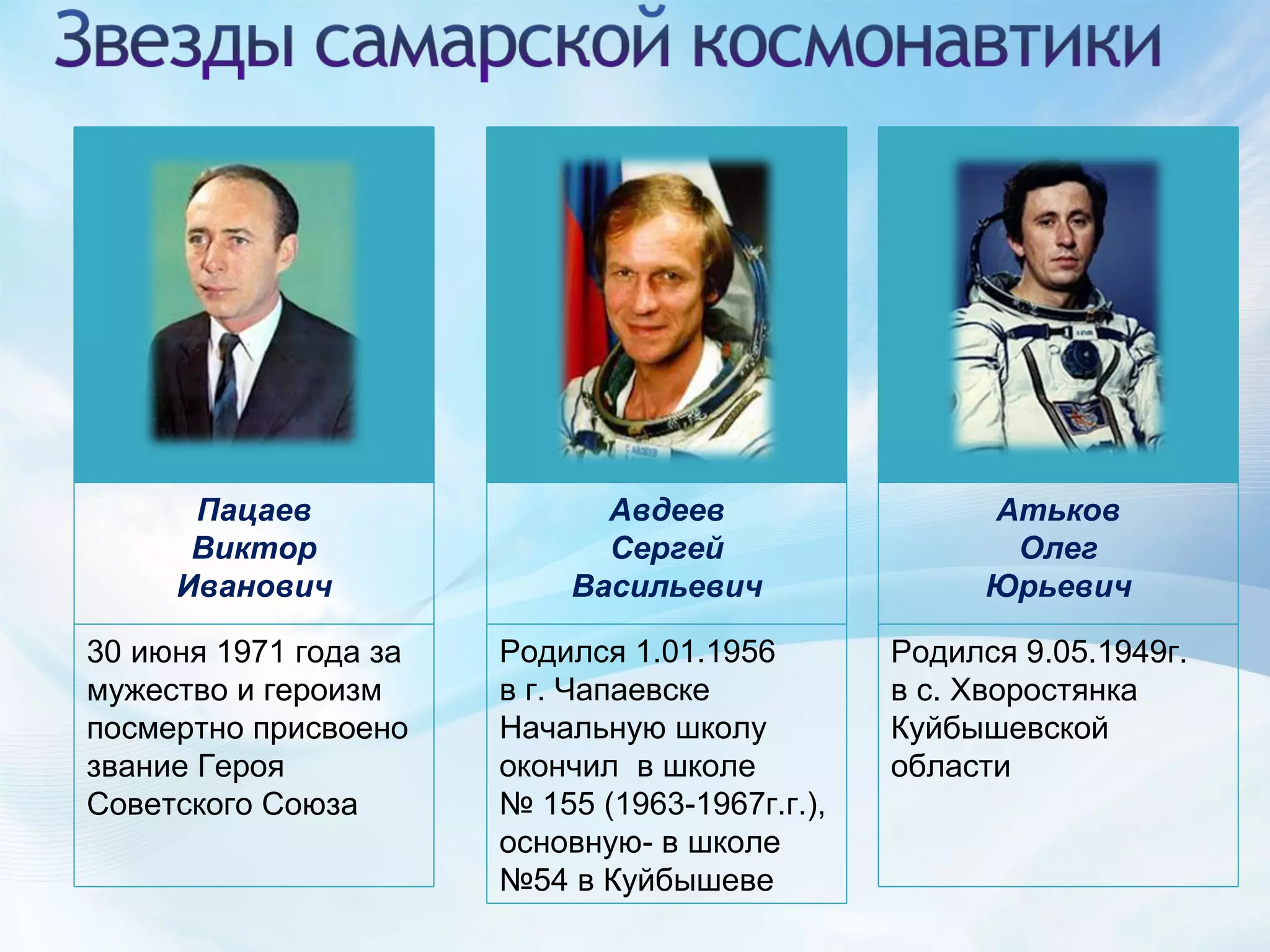 Атьков Олег Юрьевич Родился 9.05.1949г.  в с. Хворостянка Куйбышевской области Авдеев Сергей Васильевич Родился 1.01.1956  в г. Чапаевске Начальную школу окончил  в школе №  155 (1963-1967г.г.), основную- в школе №54 в Куйбышеве Пацаев Виктор Иванович 30 июня 1971 года за мужество и героизм посмертно присвоено звание Героя Советского Союза 