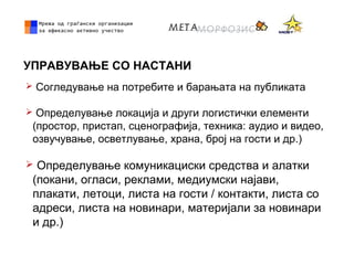 УПРАВУВАЊЕ СО НАСТАНИ
 Согледување на потребите и барањата на публиката
 Определување локација и други логистички елементи
(простор, пристап, сценографија, техника: аудио и видео,
озвучување, осветлување, храна, број на гости и др.)
 Определување комуникациски средства и алатки
(покани, огласи, реклами, медиумски најави,
плакати, летоци, листа на гости / контакти, листа со
адреси, листа на новинари, материјали за новинари
и др.)
 