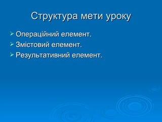 Структура мети уроку Операційний елемент. Змістовий елемент. Результативний елемент. 