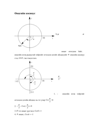 Өнцгийн косинус




                                                  ∀, α                                   α




                                                              өнцөг   өгөгдсөн   байг.
өнцгийн нэгж радиустай тойргийг огтолсон цэгийг абсциссийг α өнцгийн косинус
гээд cos α гэж тэмдэглэнэ.




                                                        π
                                                          ;
                                                        2




                                                 1. -         өнцгийн нэгж тойргийг

                                          π
огтолсон цэгийн абсцисс нь тэг учир Cos     =0
                                          2
       π         π
2. −     ; Cos (− ) = 0
       2         2
3. 00 тэг өнцөг үүсгэвэл Cos 0 = 1
4. π өнцөг, Cosπ = −1
 