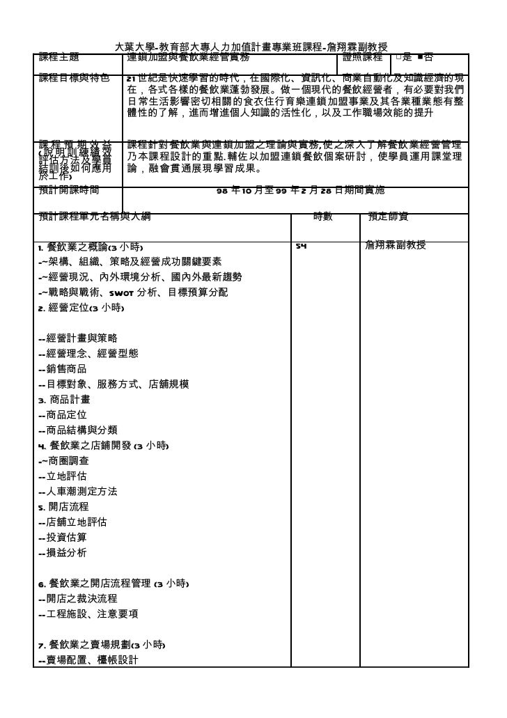 大葉大學 課程設計餐飲業與連鎖加盟經管實務 詹翔霖教授