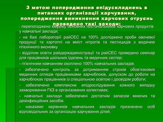 З метою попередження епідускладнень в питаннях організації харчування, попередження виникнення харчових отруєнь проведено такі заходи: -  перепогоджено мережу основних постачальників харчових продуктів  у навчальні заклади; - на базі лабораторії райСЕС на 100% досліджено проби овочевої продукції та картоплі на вміст нітратів та пестицидів з видачею гігієнічного висновку - відділом освіти райдержадміністрації та райСЕС проведено семінар для працівників шкільних їдалень та медичних сестер; - гігієнічним навчанням охоплено 100% навчальних закладів; - забезпечено контроль за дотриманням строків обов’язкових медичних оглядів працівниками харчоблоків, допуском до роботи на харчоблоках працівників із спеціальною освітою і досвідом роботи; - забезпечено комплексне епідрослідування кожного випадку захворювання ГКЗ в організованих колективах; - навчальні заклади забезпечені достатнім запасом миючих та дезінфекційних засобів. - наказами керівників навчальних закладів призначено осіб відповідальних за організацію харчування дітей.  
