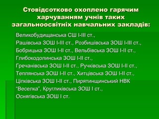 Стовідсотково охоплено гарячим харчуванням учнів таких загальноосвітніх навчальних закладів: Великобудищанська СШ І-ІІІ ст., Рашівська ЗОШ І-ІІІ ст., Розбишівська ЗОШ І-ІІІ ст.,  Бобрицька ЗОШ І-ІІ ст., Вельбівська ЗОШ І-ІІ ст., Глибокодолинська ЗОШ І-ІІ ст.,  Гречанівська ЗОШ І-ІІ ст., Ручківська ЗОШ І-ІІ ст.,  Теплянська ЗОШ І-ІІ ст., Хитцівська ЗОШ І-ІІ ст.,  Ціпківська ЗОШ І-ІІ ст., Пирятинщинський НВК  “ Веселка”, Кругликівська ЗОШ І ст.,  Оснягівська ЗОШ І ст. 