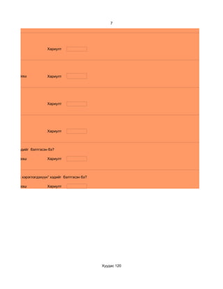 7




                          Хариулт




    d. 6-с дээш           Хариулт




                          Хариулт




                          Хариулт




м хичээл” хэдийг бэлтгэсэн бэ?

    d. 6-с дээш           Хариулт




м сургалтын хэрэглэгдэхүүн” хэдийг бэлтгэсэн бэ?

    d. 6-с дээш           Хариулт




                                                   Хуудас 120
 