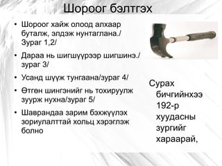 Шороог бэлтгэх Шороог хайж олоод алхаар буталж, элдэж нунтаглана./ Зураг 1,2/ Дараа нь шигшүүрээр шигшинэ./зураг 3/ Усанд шүүж тунгаана/зураг 4/ Өтгөн шингэнийг нь тохируулж зуурж нухна/зураг 5/ Шаврандаа зарим бэхжүүлэх зориулалттай хольц хэрэглэж болно Сурах бичгийнхээ 192-р хуудасны зургийг хараарай, 