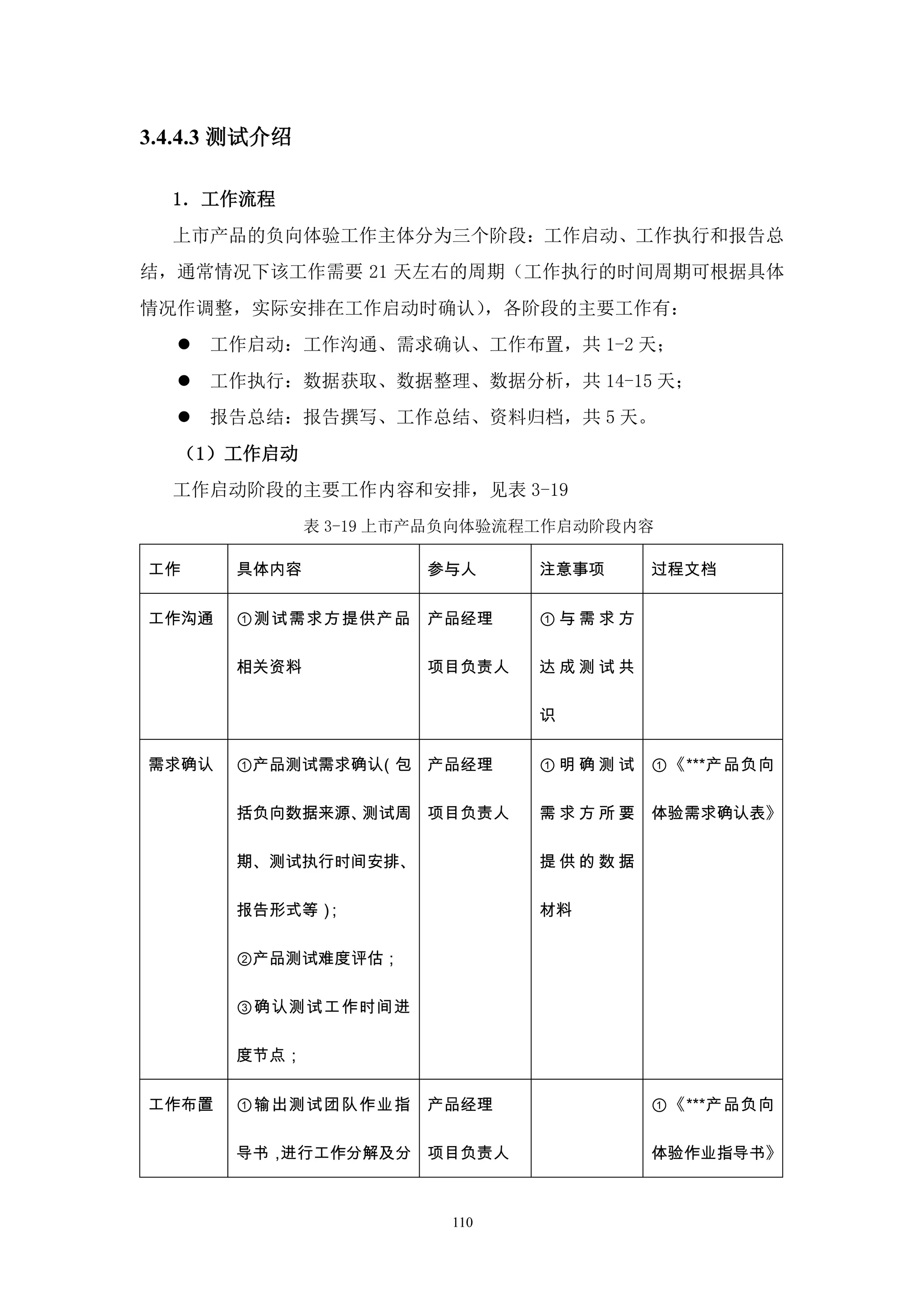 3.4.4.3 测试介绍

  1．工作流程
  上市产品的负向体验工作主体分为三个阶段：工作启动、工作执行和报告总
结，通常情况下该工作需要 21 天左右的周期（工作执行的时间周期可根据具体
情况作调整，实际安排在工作启动时确认），各阶段的主要工作有：
     工作启动：工作沟通、需求确认、工作布置，共 1-2 天；
     工作执行：数据获取、数据整理、数据分析，共 14-15 天；
     报告总结：报告撰写、工作总结、资料归档，共 5 天。
  （1）工作启动
  工作启动阶段的主要工作内容和安排，见表 3-19
               表 3-19 上市产品负向体验流程工作启动阶段内容

工作     具体内容            参与人     注意事项    过程文档


工作沟通   ①测试需求方提供产品      产品经理    ①与需求方

       相关资料            项目负责人   达成测试共

                               识


需求确认   ①产品测试需求确认（包 产品经理        ①明确测试   ①《***产品负向

       括负向数据来源、测试周 项目负责人       需求方所要   体验需求确认表》

       期、测试执行时间安排、             提供的数据

       报告形式等）
            ；                  材料

       ②产品测试难度评估；

       ③确认测试工作时间进

       度节点；


工作布置   ①输出测试团队作业指      产品经理            ①《***产品负向

       导书，进行工作分解及分 项目负责人               体验作业指导书》



                         110
 