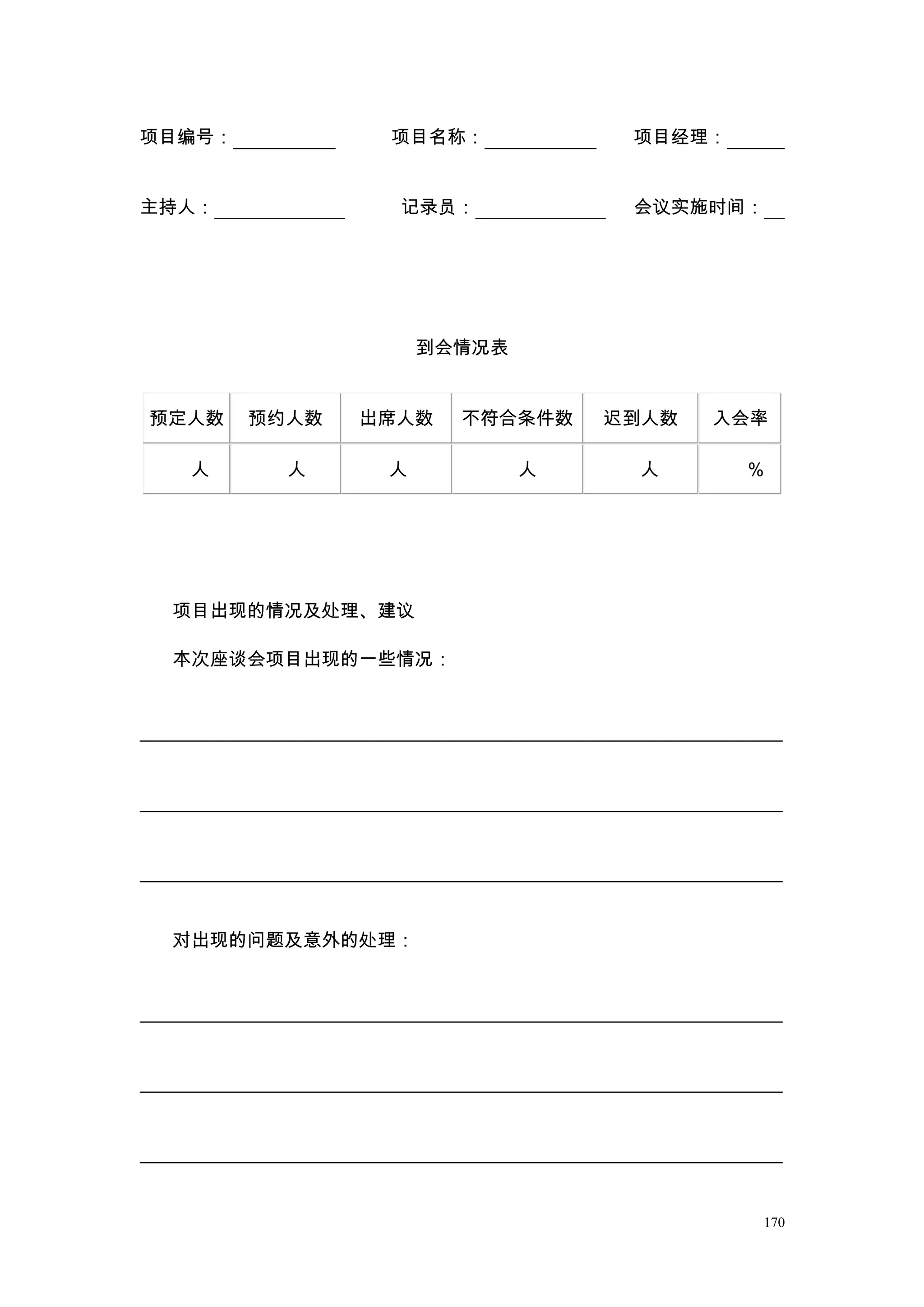 项目编号：           项目名称：            项目经理：


主持人：             记录员：            会议实施时间：




                    到会情况表


预定人数    预约人数   出席人数   不符合条件数    迟到人数   入会率

  人       人     人           人    人       ％




 项目出现的情况及处理、建议

 本次座谈会项目出现的一些情况：




 对出现的问题及意外的处理：




                                         170
 