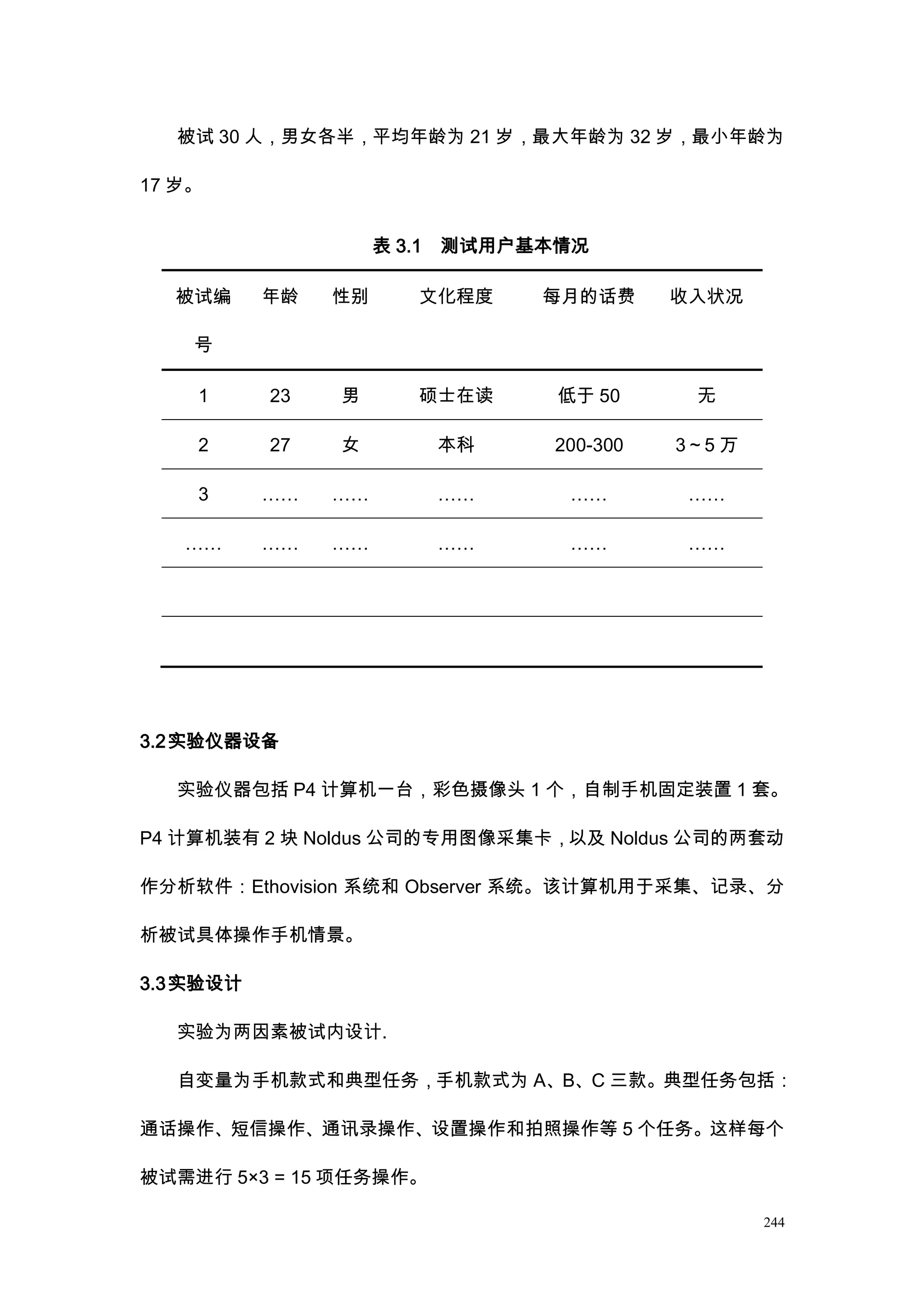 被试 30 人，男女各半，平均年龄为 21 岁，最大年龄为 32 岁，最小年龄为

17 岁。


                     表 3.1   测试用户基本情况

  被试编      年龄   性别       文化程度     每月的话费      收入状况

    号

    1      23   男        硕士在读      低于 50      无

    2      27   女            本科    200-300   3～5 万

    3      ……   ……           ……     ……        ……

   ……      ……   ……           ……     ……        ……




3.2 实验仪器设备

  实验仪器包括 P4 计算机一台，彩色摄像头 1 个，自制手机固定装置 1 套。

P4 计算机装有 2 块 Noldus 公司的专用图像采集卡，以及 Noldus 公司的两套动

作分析软件：Ethovision 系统和 Observer 系统。该计算机用于采集、记录、分

析被试具体操作手机情景。

3.3 实验设计

  实验为两因素被试内设计.

  自变量为手机款式和典型任务，手机款式为 A、B、C 三款。典型任务包括：

通话操作、短信操作、通讯录操作、设置操作和拍照操作等 5 个任务。这样每个

被试需进行 5×3 = 15 项任务操作。

                                                     244
 
