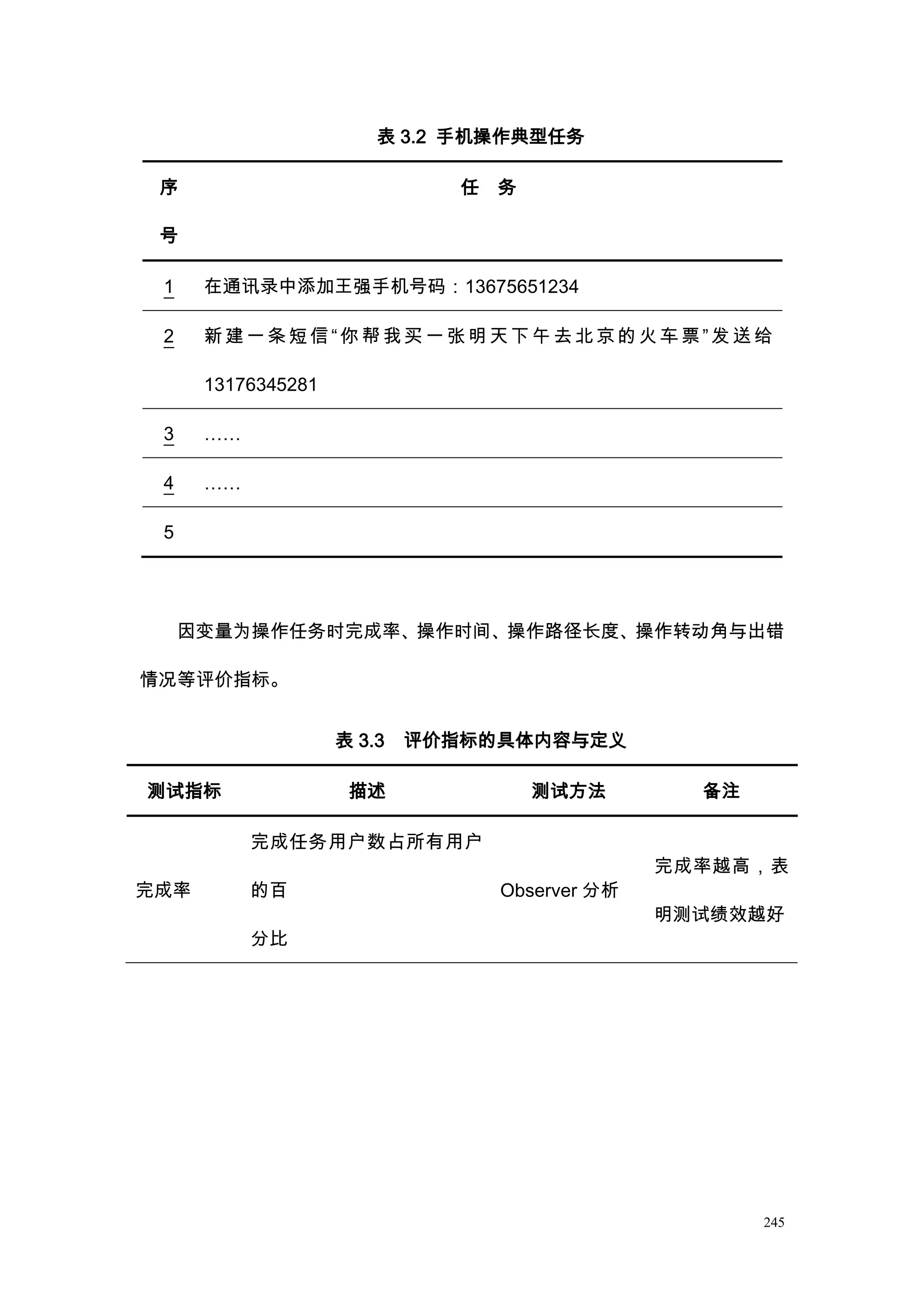 表 3.2 手机操作典型任务

 序                             任   务

 号

 1    在通讯录中添加王强手机号码：13675651234

 2    新建一条短信“你帮我买一张明天下午去北京的火车票”发送给

      13176345281

 3    ……

 4    ……

 5




     因变量为操作任务时完成率、操作时间、操作路径长度、操作转动角与出错

情况等评价指标。


                    表 3.3   评价指标的具体内容与定义

测试指标                 描述                测试方法        备注

           完成任务用户数占所有用户
                                                 完成率越高，表
完成率        的百                      Observer 分析
                                                 明测试绩效越好
           分比




                                                        245
 