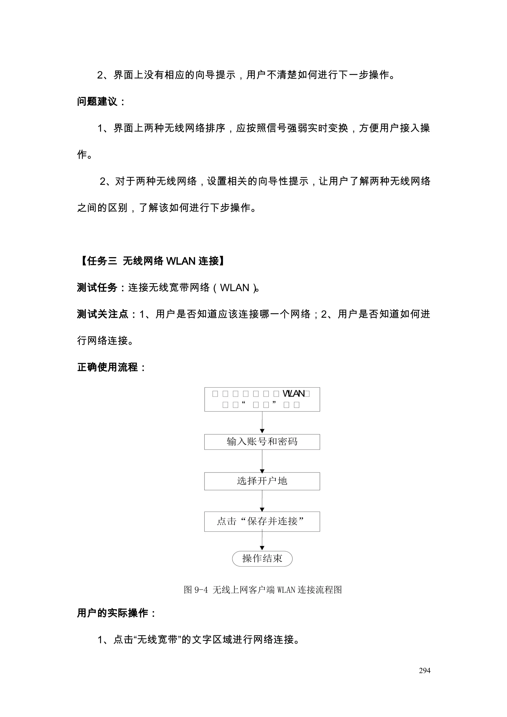 2、界面上没有相应的向导提示，用户不清楚如何进行下一步操作。

问题建议：

  1、界面上两种无线网络排序，应按照信号强弱实时变换，方便用户接入操

作。

     2、对于两种无线网络，设置相关的向导性提示，让用户了解两种无线网络

之间的区别，了解该如何进行下步操作。




【任务三 无线网络 WLAN 连接】

测试任务：连接无线宽带网络（WLAN）。

测试关注点：1、用户是否知道应该连接哪一个网络；2、用户是否知道如何进

行网络连接。

正确使用流程：

                 点点点点点点点W 点LAN
                  点点“ 点点” 点点



                   输入账号和密码



                     选择开户地



                  点击“保存并连接”



                     操作结束


             图 9-4 无线上网客户端 WLAN 连接流程图

用户的实际操作：

  1、点击“无线宽带”的文字区域进行网络连接。

                                        294
 
