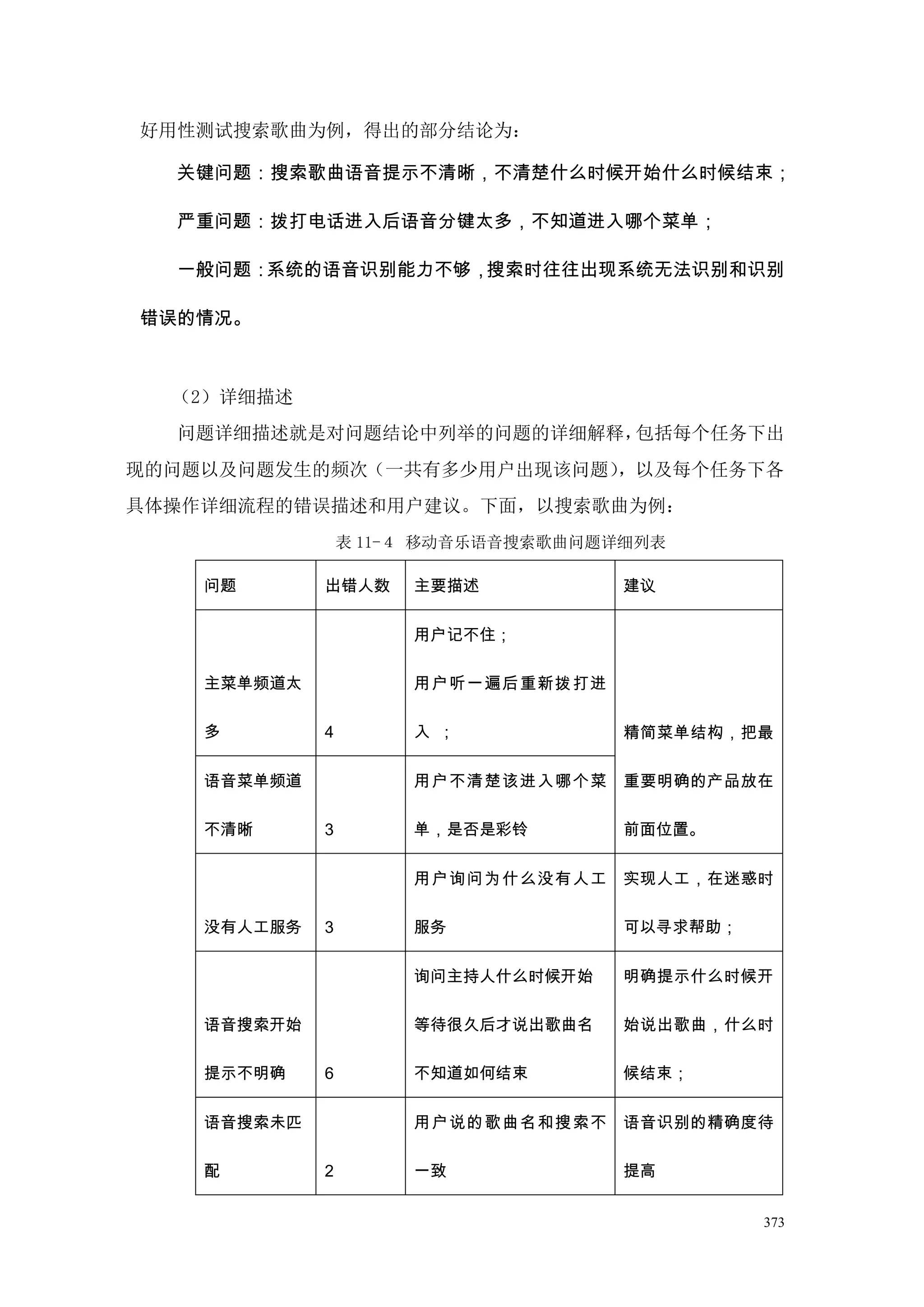 好用性测试搜索歌曲为例，得出的部分结论为：

  关键问题：搜索歌曲语音提示不清晰，不清楚什么时候开始什么时候结束；

  严重问题：拨打电话进入后语音分键太多，不知道进入哪个菜单；

  一般问题：系统的语音识别能力不够，搜索时往往出现系统无法识别和识别

错误的情况。



  （2）详细描述
  问题详细描述就是对问题结论中列举的问题的详细解释，包括每个任务下出
现的问题以及问题发生的频次（一共有多少用户出现该问题），以及每个任务下各
具体操作详细流程的错误描述和用户建议。下面，以搜索歌曲为例：
                 表 11-４ 移动音乐语音搜索歌曲问题详细列表

    问题       出错人数     主要描述           建议

                      用户记不住；

    主菜单频道太            用户听一遍后重新拨打进

    多        4        入 ；            精简菜单结构，把最

    语音菜单频道            用户不清楚该进入哪个菜    重要明确的产品放在

    不清晰      3        单，是否是彩铃        前面位置。


                      用户询问为什么没有人工    实现人工，在迷惑时

    没有人工服务   3        服务             可以寻求帮助；


                      询问主持人什么时候开始    明确提示什么时候开

    语音搜索开始            等待很久后才说出歌曲名    始说出歌曲，什么时

    提示不明确    6        不知道如何结束        候结束；


    语音搜索未匹            用户说的歌曲名和搜索不    语音识别的精确度待

    配        2        一致             提高


                                               373
 