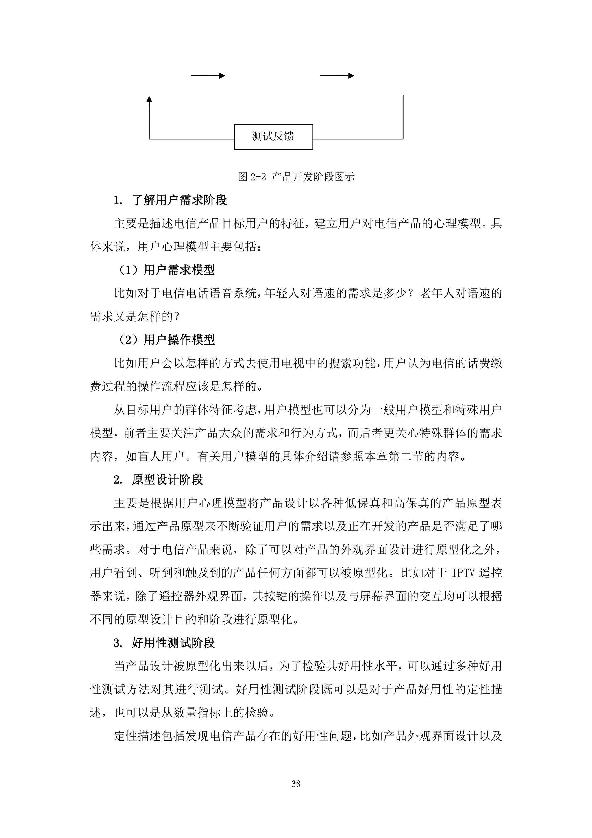 测试反馈


                图 2-2 产品开发阶段图示

  1. 了解用户需求阶段
  主要是描述电信产品目标用户的特征，建立用户对电信产品的心理模型。具
体来说，用户心理模型主要包括：
  （1）用户需求模型
  比如对于电信电话语音系统，年轻人对语速的需求是多少？老年人对语速的
需求又是怎样的？
  （2）用户操作模型
  比如用户会以怎样的方式去使用电视中的搜索功能，用户认为电信的话费缴
费过程的操作流程应该是怎样的。
  从目标用户的群体特征考虑，用户模型也可以分为一般用户模型和特殊用户
模型，前者主要关注产品大众的需求和行为方式，而后者更关心特殊群体的需求
内容，如盲人用户。有关用户模型的具体介绍请参照本章第二节的内容。
  2. 原型设计阶段
  主要是根据用户心理模型将产品设计以各种低保真和高保真的产品原型表
示出来，通过产品原型来不断验证用户的需求以及正在开发的产品是否满足了哪
些需求。对于电信产品来说，除了可以对产品的外观界面设计进行原型化之外，
用户看到、听到和触及到的产品任何方面都可以被原型化。比如对于 IPTV 遥控
器来说，除了遥控器外观界面，其按键的操作以及与屏幕界面的交互均可以根据
不同的原型设计目的和阶段进行原型化。
  3. 好用性测试阶段
  当产品设计被原型化出来以后，为了检验其好用性水平，可以通过多种好用
性测试方法对其进行测试。好用性测试阶段既可以是对于产品好用性的定性描
述，也可以是从数量指标上的检验。
  定性描述包括发现电信产品存在的好用性问题，比如产品外观界面设计以及


                      38
 