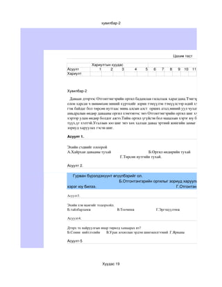 хувилбар­2




                                                                                                     Цахим тест

                       Хариултын хуудас
Асуулт                    1     2     3                        4          5       6      7       8       9    10      11
Хариулт 



Хувилбар­2

  Даваан дээрээс Отгонтэнгэрийн оргил бадамлан гялалзаж харагдана.Тэнгэрийн отгон хөвг
олон харсан ч мөнөөхөн миний хүрэхийг зорин тэмүүлэн тэмүүлсээр өдий хүрсэн ганцхан у
гэж байдаг бол төрсөн нутгаас минь алсын алст  орших атал,миний уул чухам энэ Отгонтэнг
амьдралын өндөр давааны оргил хэмээвээс энэ Отгонтэнгэрийн оргил шиг хүрхүйеэ бэрх бө
хэрээр улам өндөр болдог ажээ.Тийм оргил үгүйсэн бол мацахын хэрэг юу билээ.Хүний зам
түүх,үг хэлтэй.Угалзын зоо шиг энэ хөх халзан даваа эртний жингийн замыг мөрлөн өргөж а
зориуд харуулах гэсэн шиг.

Асуулт 1.

Эхийн сэдвийг олоорой                                                                                                                 
А.Хайрхан давааны тухай                                     Б.Оргил өндөрийн тухай                                
                                                    Г.Төрсөн нутгийн тухай.     

Асуулт 2. 

   Гурван бүрэлдэхүүнт өгүүлбэрийг ол.                                    А.Б
                          Б.Отгонтэнгэрийн оргилыг зориуд харуулах гэсэн шиг.
хэрэг юу билээ.                                       Г.Отгонтэнгэр гэлтэй.

Асуулт3.

Эхийн хэв маягийг тодорхойл.                                                                                                                       
Б.тайлбарламж                             В.Тоочимж                        Г.Эргэцүүлэмж 

Асуулт4.

Дээрх эх найруулгын ямар төрөлд хамаарах вэ?                                                                                          
Б.Сонин  нийтлэлийн       В.Уран зохиолын эрдэм шинэжилгээний  Г.Ярианы

Асуулт­5 




                                 Хуудас 19
 
