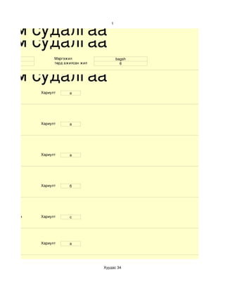 хим судалгаа
                                          1




хим судалгаа
   30               Мэргэжил                  bagsh
   er               төрд ажилсан жил            6



хим судалгаа
              Хариулт      a




              Хариулт      a




              Хариулт      a




              Хариулт      б




d. Маш сайн   Хариулт      c




              Хариулт      a




                                       Хуудас 34
 