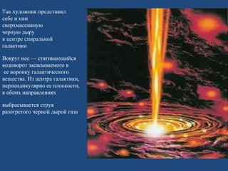 Так художник представил  себе и нам  сверхмассивную  черную дыру  в центре спиральной  галактики Вокруг нее — стягивающийся  водоворот засасываемого в ее воронку галактического  вещества. Из центра галактики, перпендикулярно ее плоскости,  в обоих направлениях  выбрасывается струя  разогретого черной дырой газа 