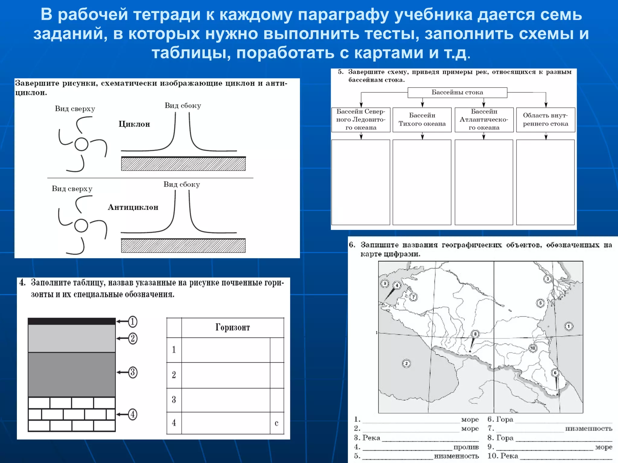 В рабочей тетради к каждому параграфу учебника дается семь заданий, в которых нужно выполнить тесты, заполнить схемы и таблицы, поработать с картами и т.д . 