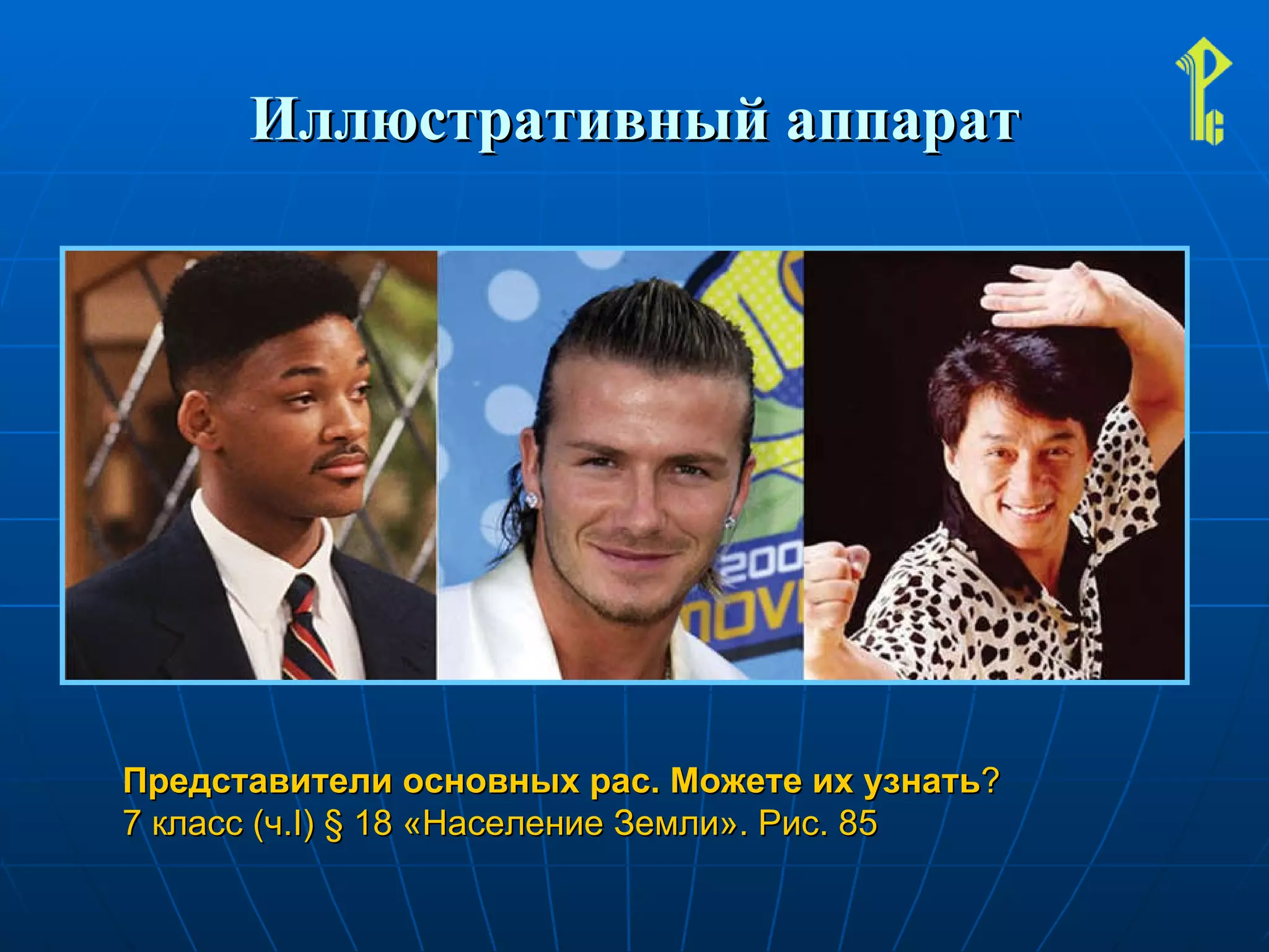 Иллюстративный аппарат Представители основных рас. Можете их узнать ? 7 класс (ч. I )  §  18 «Население Земли». Рис. 85 