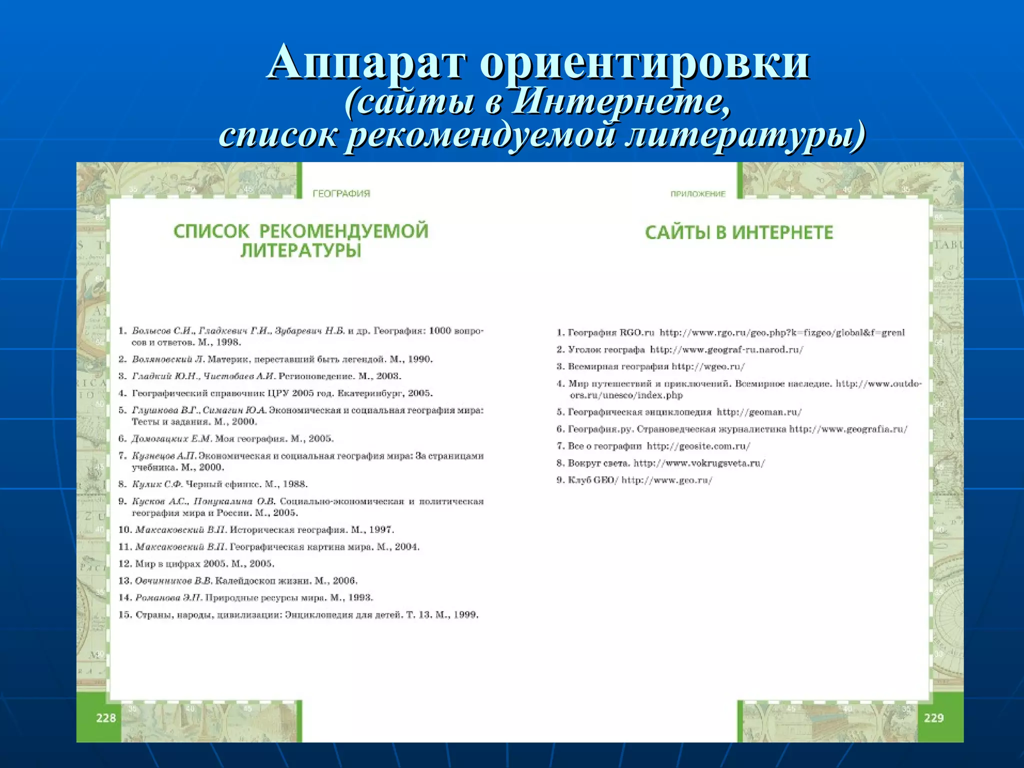 Аппарат ориентировки (сайты в Интернете,  список рекомендуемой литературы) 
