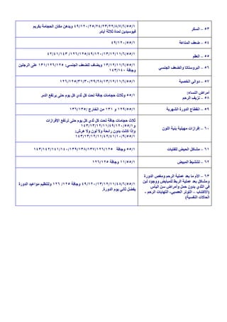‫١/٥٥/٦/٧/٨/٢٢/٣٢/٤٢/٥٢/٠٢١/٩٤ وﯾﺪھﻦ ﻣﻜﺎن اﻟﺤﺠﺎﻣﺔ ﺑﻜﺮﯾﻢ‬
                                                                                                      ‫٣٥ – اﻟﺴﻜﺮ‬
                                            ‫ﻓﯿﻮﺳﯿﺪﯾﻦ ﻟﻤﺪة ﺛﻼﺛﺔ أﯾﺎم.‬

                                                     ‫١/٥٥/٠٢١/٩٤‬                              ‫٤٥ – ﺿﻌﻒ اﻟﻤﻨﺎﻋﺔ‬

                ‫١/٥٥/٦/١١/٢١/٣١/٠٢١/٩٤/٥٢١/٦٢١/ ٣٤١/١٤/٢٤‬
                                                                                                       ‫٥٥ – اﻟﻌﻘﻢ‬
‫١/٥٥/٦/١١/٢١/٣١ وﯾﻀﺎف ﻟﻠﻀﻌﻒ اﻟﺠﻨﺴﻲ: ٥٢١/٦٢١/١٣١ ﻋﻠﻰ اﻟﺮﺟﻠﯿﻦ‬
                                                                                 ‫٦٥ – اﻟﺒﺮوﺳﺘﺎﺗﺎ واﻟﻀﻌﻒ اﻟﺠﻨﺴﻲ‬
                                              ‫وﺟﺎﻓﺔ ٠٤١/٣٤١‬

                       ‫١/٥٥/٦/١١/٢١/٣١/٨٢/٩٢/٠٣/١٣/٥٢١/٦٢١‬                                    ‫٧٥ – دواﻟﻲ اﻟﺨﺼﯿﺔ‬

                                                                                                  ‫أﻣﺮاض اﻟﻨﺴﺎء:‬
            ‫١/٥٥ وﺛﻼث ﺣﺠﺎﻣﺎت ﺟﺎﻓﺔ ﺗﺤﺖ ﻛﻞ ﺛﺪي ﻛﻞ ﯾﻮم ﺣﺘﻰ ﯾﺮﺗﻔﻊ اﻟﺪم.‬
                                                                                                ‫٨٥ – ﻧﺰﯾﻒ اﻟﺮﺣﻢ‬

                             ‫١/٥٥/٩٢١ و ١٣١ ﻣﻦ اﻟﺨﺎرج /٥٣١/٦٣١‬                        ‫٩٥ – اﻧﻘﻄﺎع اﻟﺪورة اﻟﺸﮭﺮﯾﺔ‬

               ‫ﺛﻼث ﺣﺠﺎﻣﺎت ﺟﺎﻓﺔ ﺗﺤﺖ ﻛﻞ ﺛﺪي ﻛﻞ ﯾﻮم ﺣﺘﻰ ﺗﺮﺗﻔﻊ اﻹﻓﺮازات‬
                                    ‫و١/٥٥/٠٢١/٩٤/١١/٢١/٣١/٣٤١‬
                                                                                   ‫٠٦ – إﻓﺮازات ﻣﮭﺒﻠﯿﺔ ﺑﻨﯿﺔ اﻟﻠﻮن‬
                                ‫وإذا ﻛﺎﻧﺖ ﺑﺪون راﺋﺤﺔ وﻻ ﻟﻮن وﻻ ھﺮش:‬
                                 ‫١/٥٥/٩/٠١/١٤/٢٤/١١/٢١/٣١/٣٤١‬

        ‫١/٥٥ وﺟﺎﻓﺔ ٥٢١/٦٢١/٧٣١/٨٣١/٩٣١/٠٤١/١٤١/٢٤١/٣٤١‬                                ‫١٦ – ﻣﺸﺎﻛﻞ اﻟﺤﯿﺾ ﻟﻠﻔﺘﯿﺎت‬

                                          ‫١/٥٥/١١ وﺟﺎﻓﺔ ٥٢١/٦٢١‬                              ‫٢٦ – ﻟﺘﻨﺸﯿﻂ اﻟﻤﺒﯿﺾ‬


                                                                       ‫٣٦ – اﻷم ﻣﺎ ﺑﻌﺪ ﻋﻤﻠﯿﺔ اﻟﺮﺣﻢ وﻣﻐﺺ اﻟﺪورة‬
                                                                       ‫وﻣﺸﺎﻛﻞ ﺑﻌﺪ ﻋﻤﻠﯿﺔ اﻟﺮﺑﻂ ﻟﻠﻤﺒﺎﯾﺾ ووﺟﻮد ﻟﺒﻦ‬
‫١/٥٥/٦/٨٤/١١/٢١/٣١/٠٢١/٩٤ وﺟﺎﻓﺔ ٥٢١/ ٦٢١ وﻟﺘﻨﻈﯿﻢ ﻣﻮاﻋﯿﺪ اﻟﺪورة‬
                                                                            ‫ﻓﻲ اﻟﺜﺪي ﺑﺪون ﺣﻤﻞ وأﻣﺮاض ﺳﻦ اﻟﯿﺄس‬
                                              ‫ﯾﻔﻀﻞ ﺛﺎﻧﻲ ﯾﻮم اﻟﺪورة.‬
                                                                        ‫)اﻻﻛﺘﺌﺎب – اﻟﺘﻮﺗﺮ اﻟﻌﺼﺒﻲ- اﻟﺘﮭﺎﺑﺎت اﻟﺮﺣﻢ -‬
                                                                                                  ‫اﻟﺤﺎﻻت اﻟﻨﻔﺴﯿﺔ(‬
 