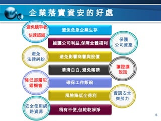 企業落實資安的好處避免競爭者快速超越避免危急企業生存保護公司資產維護公司利益,保障全體福利避免法律糾紛避免影響商譽與股價讓證據說話清清白白, 避免瞎猜降低部屬犯錯機會確保工作飯碗資訊安全齊努力風險降低全得利安全使用網路資源稍有不便,但乾乾淨淨6
