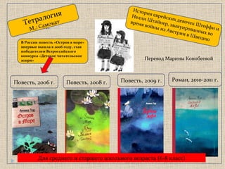 Повесть, 2006 г. История еврейских девочек Штеффи и Нелли Штайнер, эвакуированных во время войны из Австрии в Швецию Тетралогия М.: Самокат Повесть, 2006 г. Повесть, 2008 г. Повесть, 2009 г. Роман, 2010-2011 г. В России повесть «Остров в море» впервые вышла в 2006 году, став победителем Всероссийского конкурса «Детское читательское жюри» Для среднего и старшего школьного возраста  ( 6-8 класс) Перевод Марины Конобеевой 