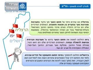 ‫תהליך למידה משותף – תל"ם‬




                ‫בהרצליה אנו עורכים מיפוי של תחום הנוער תוך מיקוד במעורבות‬
                ‫ומנהיגות נוער ובפערים בין שכונות ותושבים. השותפים המרכזיים‬
                ‫שלנו הם עיריית הרצליה כגורם מרכזי בתחום החינוך הפורמאלי‬
  ‫הרצליה‬        ‫והבלתי-פורמאלי בעיר וכן המרכז הבינתחומי בהרצליה. באמצעות‬
                       ‫המיפוי נבנה תשתיות לחיזוק הנוער באזורים המוחלשים בעיר.‬
‫יפו‬
‫ירושלים‬     ‫ביפו החלטנו למפות את תחום הנוער בדגש על מעורבות חברתית‬
            ‫ונגישות להשכלה גבוהה. השותפים המרכזיים שלנו הם ראש העיר,‬
            ‫מִ נהלת מנהל החינוך, מחלקת נוער וצעירים, החינוך העל-יסודי,‬
                                        ‫המכללה האקדמית תל-אביב יפו ועוד.‬


          ‫בירושלים החלטנו להתמקד במיפוי תחום התעסוקה של חרדים וערבים.‬
          ‫נלמד את התחום דרך קהל הסטודנטים שיסיימו השנה את לימודיהם ויצאו‬
            ‫לשוק העבודה, זאת מתוך כוונה לזהות את הגורמים המעכבים והגורמים‬
                                             ‫המקדמים תעסוקה במגזרים אלה.‬
 