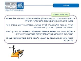 ‫הקדמה‬




                                                    ‫כמה מילות הקדמה:‬
‫• ברצוננו לשתף אתכם במידע אודות תהליך הלמידה המתקיים בימים אלה ב-7 יישובים‬
                     ‫ברחבי הארץ, לקראת פריסת פעילות ארגון שגרירי רוטשילד.‬

‫• תהליך זה מכונה תל"ם (תהליך למידה משותף). במסגרתו בכל יישוב מתקיים מיפוי‬
                             ‫מקיף הכולל ביצוע סקר, ראיונות, קבוצות מיקוד ועוד.‬

‫• התל"ם מכשיר את תשתית הפעילות והמעורבות החברתית של הארגון לשנים‬
          ‫הבאות, לצד היותו מרכיב מרכזי בתהליך פיתוח המנהיגות של השגרירים.‬

‫• במצגת שלפניכם תמצאו מידע על הארגון, על מודל פיתוח המנהיגות שעומד בבסיסו‬
                                                              ‫ועל התל"ם.‬
 