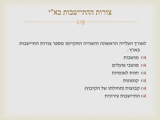 ‫צורות ההתיישבות בא"י‬
                     ‫‪‬‬

‫לאורך העלייה הראשונה והשנייה התקיימו מספר צורות התיישבות‬
                                                 ‫בארץ:‬
                                               ‫‪ ‬מושבות‬
                                          ‫‪ ‬מושבי פועלים‬
                                          ‫‪ ‬חוות לאומיות‬
                                               ‫‪ ‬קומונות‬
                            ‫‪ ‬קבוצות (תחילתו של הקיבוץ)‬
                                      ‫‪ ‬התיישבות עירונית‬
 