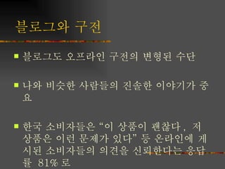 블로그와 구전 블로그도 오프라인 구전의 변형된 수단 나와 비슷한 사람들의 진솔한 이야기가 중요 한국 소비자들은  “ 이 상품이 괜찮다 ,  저 상품은 이런 문제가 있다 ”  등 온라인에 게시된 소비자들의 의견을 신뢰한다는 응답률  81% 로 높게 나타남 
