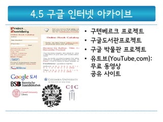 4.5 구글 인터넷 아카이브
       •   구텐베르크 프로젝트
       •   구글도서관프로젝트
       •   구글 박물관 프로젝트
       •   유트브(YouTube.com):
           무료 동영상
           공유 사이트
 