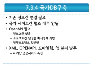 7.3.4 국가DB구축
• 기존 정보간 연결 필요
• 국가 사이트간 협조 매우 안됨
• OpenAPI 필요
  – 정보교환 없음
  – 프로젝트간 단절은 폐쇄성에 기반
  – 정책프로젝트 일반형
• XML, OPENAPI, 모바일웹, 앱 분리 발주
  – u-기반 공공서비스 촉진
 