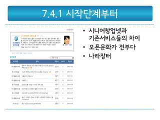 7.4.1 시작단계부터
      • 시니어창업넷과
        기존서비스들의 차이
      • 오픈문화가 전부다
      • 나라장터
 