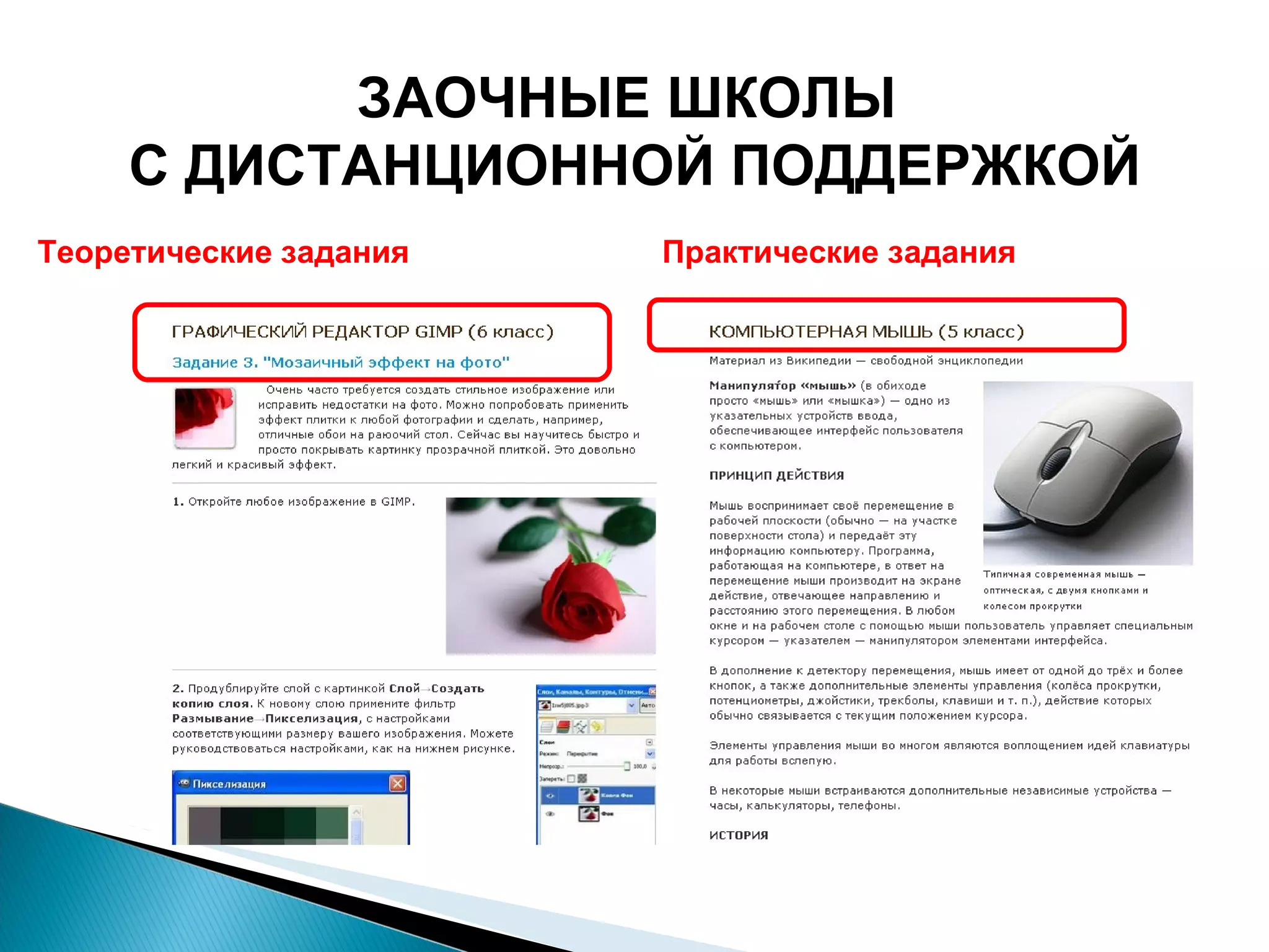 ЗАОЧНЫЕ ШКОЛЫ  С ДИСТАНЦИОННОЙ ПОДДЕРЖКОЙ Теоретические задания Практические задания 