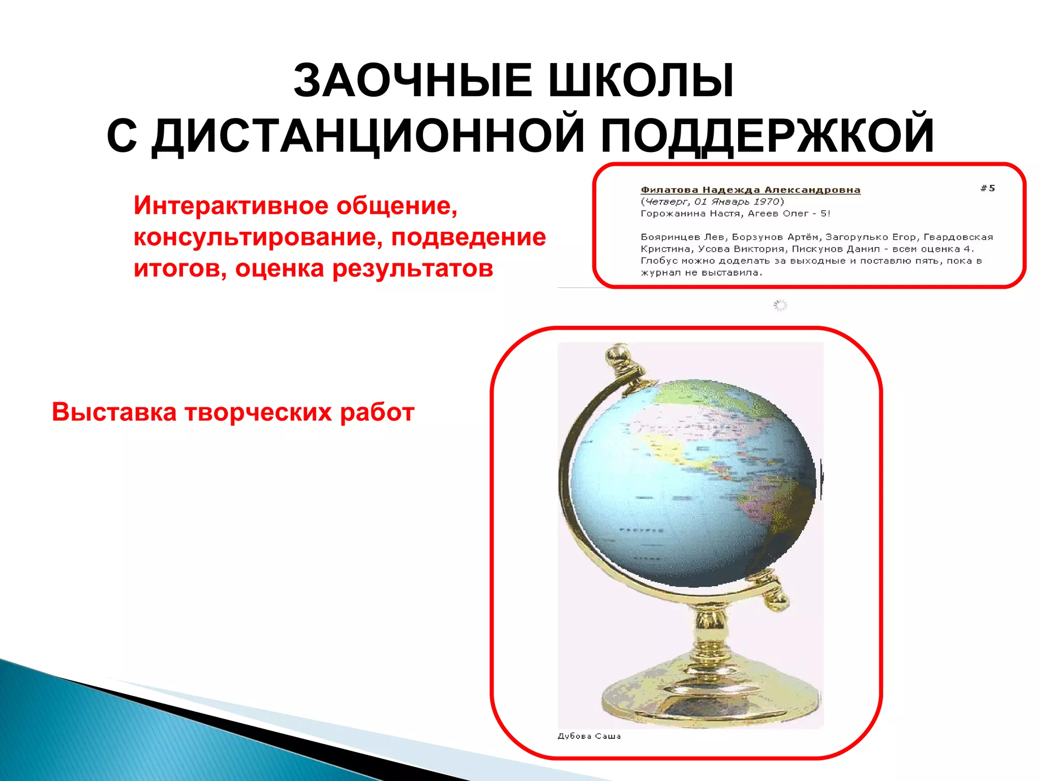 ЗАОЧНЫЕ ШКОЛЫ  С ДИСТАНЦИОННОЙ ПОДДЕРЖКОЙ Интерактивное общение, консультирование, подведение итогов, оценка результатов Выставка творческих работ 