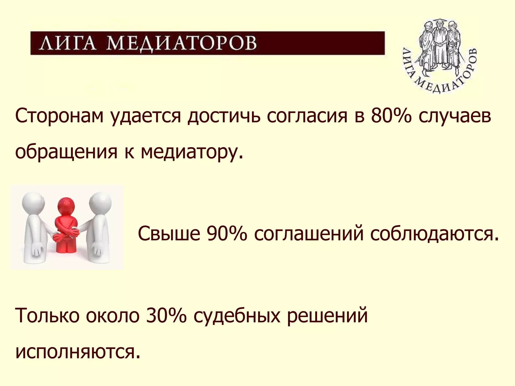 Сторонам удается достичь согласия в 80% случаев обращения к медиатору. Свыше 90% соглашений соблюдаются. Только около 30% судебных решений исполняются. 