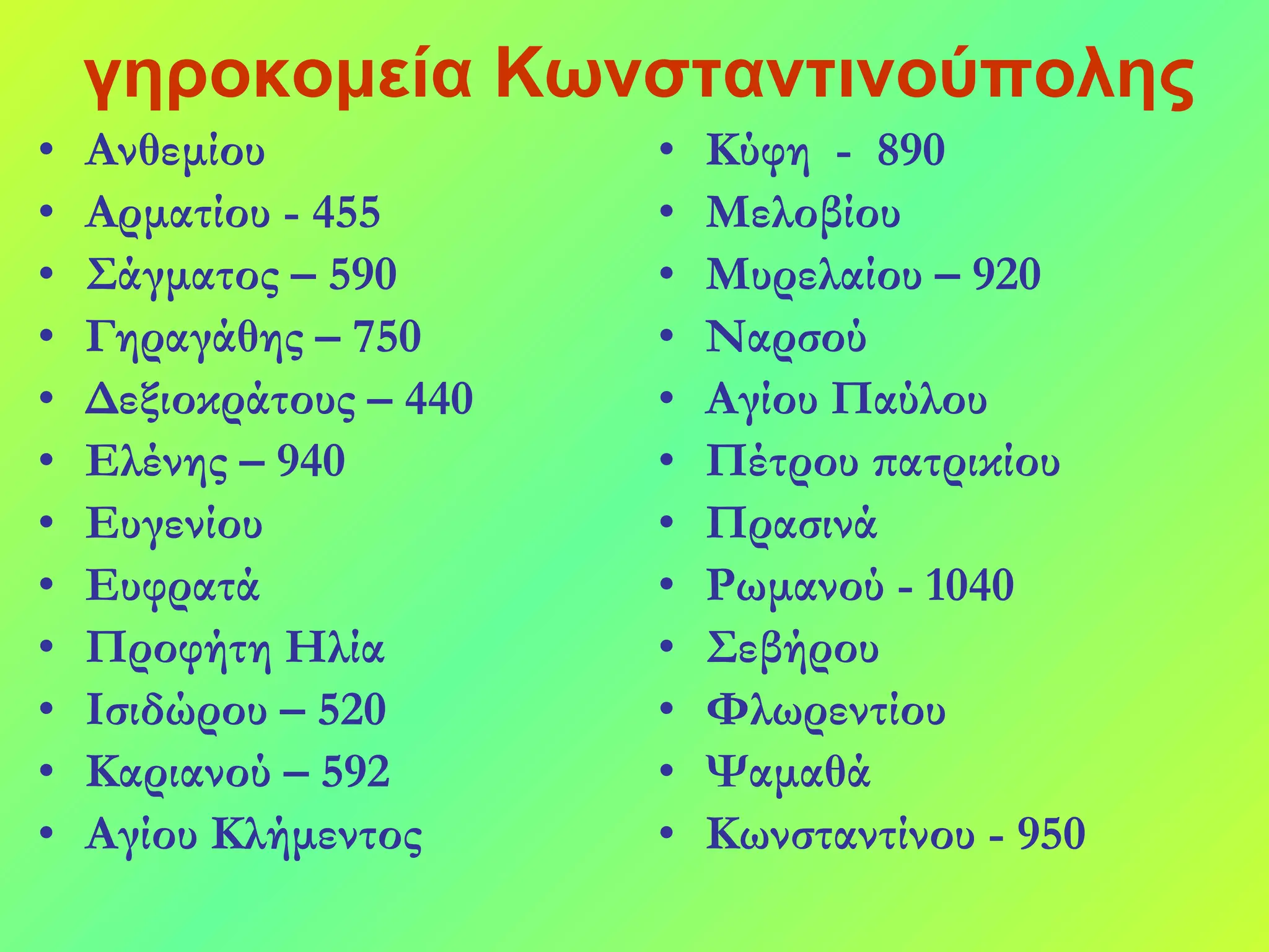 γηροκομεία Κωνσταντινούπολης Ανθεμίου Αρματίου - 455 Σάγματος – 590 Г ηραγάθης – 750 Δεξιοκράτους – 440 Ελένης – 940 Ευγενίου  Ευφρατά Προφήτη Ηλία Ισιδώρου – 520 Καριανού – 592 Αγίου Κλήμεντος  Κύφη  -  890 Μελοβίου Μυρελαίου – 920 Ναρσού Αγίου Παύλου Πέτρου πατρικίου Πρασινά Ρωμανού - 1040 Σεβήρου Φλωρεντίου Ψαμαθά Κωνσταντίνου - 950 