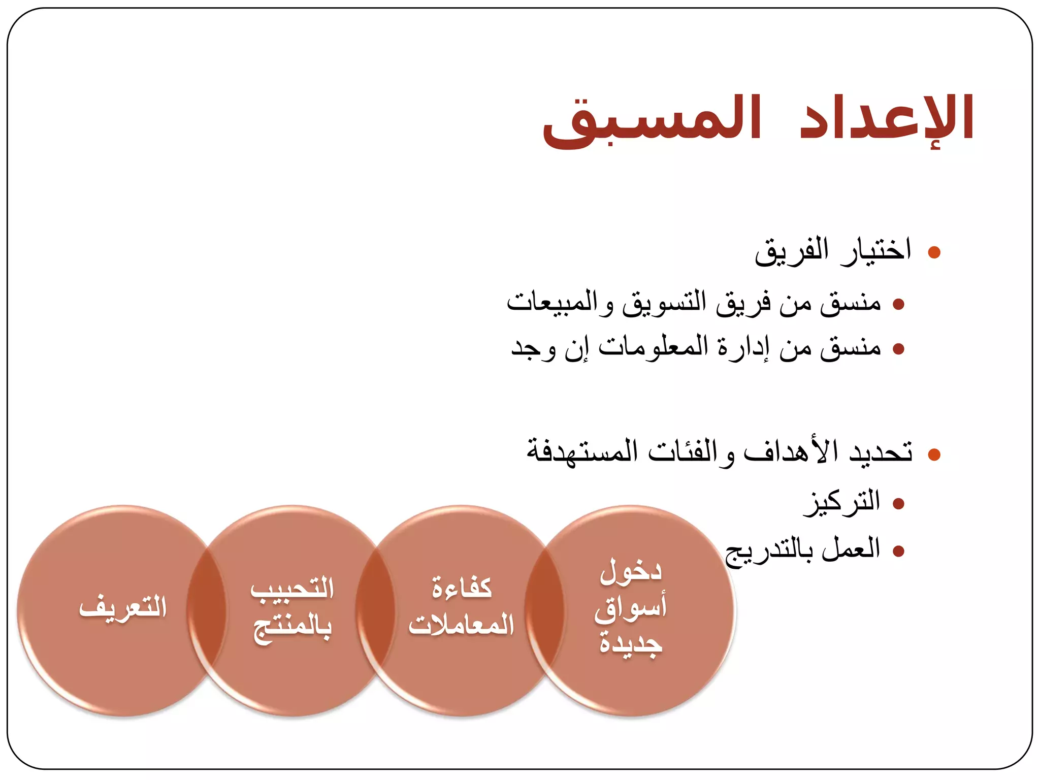 ‫اإلعذاد اىمضبق‬

                                                  ‫‪ ‬اخز١بس اٌفش٠ك‬
                            ‫‪ِٕ ‬غك ِٓ فش٠ك اٌزغٛ٠ك ٚاٌّج١ؼبد‬
                            ‫‪ِٕ ‬غك ِٓ إداسح اٌّؼٍِٛبد إْ ٚخذ‬


                                ‫‪ ‬رسذ٠ذ األ٘ذاف ٚاٌفئبد اٌّغزٙذفخ‬
                                                      ‫‪ ‬اٌزشو١ض‬
                                               ‫‪ ‬اٌؼًّ ثبٌزذس٠ح‬
                                     ‫دخىل‬
          ‫انرحثية‬    ‫كفاءج‬
‫انرعزيف‬                              ‫أسىاق‬
          ‫تانًُرج‬   ‫انًعايالخ‬
                                     ‫جذيذج‬
 