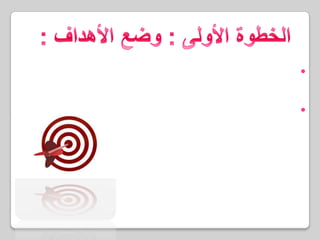 الخطوة الأولى : وضع الأهداف :من الضروري قبل البدء بأي حملة تسويقية وضع لائحة بالأهداف كي تدفع الإستراتيجية لتحقيق هذه الأهداف.التطوير قد لا يكون له جدوى إلا إذا كان هناك تصريح واضح بالأهداف..فإذا لم تكن تعرف اين تريد أن تصل..فكيف ستصل؟ 