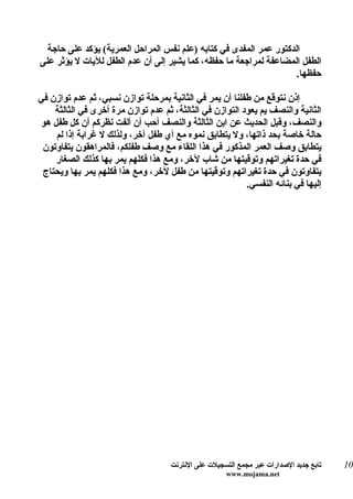 ‫الدكتور عمر المفدى في كتابه )علم نفس المراحل العمرية( يؤكد على حاجة‬
‫الطفل المضاعفة لمراجعة ما حفظه، كما يشير إلى أن عدم الطفل لليات ل يؤثر على‬
                                                                    ‫حفظها.‬

‫إذن نتوقع من طفلنا أن يمر في الثانية بمرحلة توازن نسبي، ثم عدم توازن في‬
    ‫الثانية والنصف يم يعود التوازن في الثالثة، ثم عدم توازن مرة أخرى في الثالثة‬
‫والنصف، وقبل الحديث عن ابن الثالثة والنصف أحب أن ألفت نظركم أن كل طفل هو‬
    ‫حالة خاصة بحد ذاتها، ول يتطابق نموه مع أي طفل آخر، ولذلك ل غرابة إذا لم‬
 ‫يتطابق وصف العمر المذكور في هذا اللقاء مع وصف طفلكم، فالمراهقون يتفاوتون‬
    ‫في حدة تغيراتهم وتوقيتها من شاب لخر، ومع هذا فكلهم يمر بها كذلك الصغار‬
 ‫يتفاوتون في حدة تغيراتهم وتوقيتها من طفل لخر، ومع هذا فكلهم يمر بها ويحتاج‬
                                                          ‫إليها في بنائه النفسي.‬




                                     ‫تابع جديد الصدارات عبر مجمع التسجيلت على النترنت‬   ‫01‬
                                                      ‫‪www.mojama.net‬‬
 