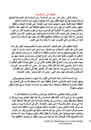 ‫طفلك في السادسة‬
‫حديثنا التالي _بإذن ال_ عن سن السادسة، سن السادسة هو المتوسط المتوقع‬
        ‫لمرحلة جديدة يتمركز فيها الطفل حول ذاته يتوقع أن يكون ابن السادسة مندفع‬
    ‫العاطفة أحيان ً قليلة بصورة إيجابيه تجاه غيره كحنانه على إخوانه الصغار وعطفه‬
                                                                    ‫ا‬
‫عليهم، ولكن الغلب أن يكون ابن السادسة مندفع العاطفة نحو ذاته فتجد عنده النانية‬
   ‫والطمع يريد أن يكون له الولوية في كل شيء يريد أن يكون محبوب ً أكثر من غيره‬
                 ‫ا‬
 ‫يريد أن يحصل على نصيب السد ط ّاع ما يصح تخيره بين لعبتين؛ لنه يريد الثنتين‬
                                               ‫م‬
   ‫واحرص أل تأخذ شيئاً من ممتلكاته وتعطيها طفلً آخر يلعب بها إل بإذنه ول تسمح‬
                       ‫لحد أن يأخذ دوره في اللعب أو غيره إل بإذنه ول حتى الكبار.‬

  ‫فديننا العظيم الذي عّم الصغار الستئذان احترام ً لخصوصيات الكبار هو ذات‬
                          ‫ا‬                         ‫ل‬
  ‫الدين الذي عّم الكبار الستئذان من الصغار، سواء في عمر الست سنوات أو غيره‬
                                                               ‫ل‬
  ‫احترام ً لخصوصياتهم ول هو استئذان ملطفة ما له قيمة، ل، بل وهب الصغار حق‬
                                                                       ‫ا‬
  ‫الرفض أو القبول وعّمنا احترام قرارهم، أخرج البخاري ومسلم من حديث سهل بن‬
                                                         ‫ل‬
    ‫سعد الساعدي أن رسول ال _صلى ال عليه وسلم_ ُتي بشراب فشرب منه وعن‬
                            ‫أ‬
‫يمينه غلم وعن يساره أشياخ، فقال للغلم: أتأذن لي أن أعطي هؤلء؟ فقال الغلم: ل‬
 ‫وال ما أوثر بنصيبي منك أحدً قال: فتله رسول ال _صلى ال عليه وسلم_ في يده،‬
                                                 ‫ا‬
   ‫أي: وضع الشراب في يده، ثم تأمل كيف أقر الصغير حقه في الرفض مع عظم قدر‬
       ‫المستأ ِن وال ُستأ َن لهم، وهم النبي _صلى ال عليه وسلم_ وكبار الصحابة.‬
                                                            ‫م ذ‬        ‫ذ‬

   ‫ابن السادسة لديه رغبة شديدة في الفوز وإذا انهزم ما يتحمل يصيح ويبكي،‬
 ‫ويتهم إخوانه أنهم غشاشين، اندفاع عاطفته نحو ذاته يضعف قدرته على التعامل مع‬
‫لحظات خسارته وإخفاقه وإحباطه، وهذا يجعل ابن السادسة عموم ً سريع البكاء ينفجر‬
                  ‫ا‬
                                                                ‫ويبكي بسهولة.‬

        ‫إخواني أبناؤنا يتعلمون منا التعامل مع الحزن والخسارة والحباط مثل ما‬
‫يتعلمون منا أي شيء آخر، لذلك طفل السادسة يراك أنت كيف تتعامل مع ما يحزنك أو‬
   ‫يحبطك ويضايقك بصبر ورضا وروح رياضية وابتسامة، في المرحلة السابقة كانت‬
   ‫أمه هي مركز العالم بالنسبة له هي محور اهتمامه، الن في السادسة يريد أن يكون‬
    ‫هو مركز عالمه الخاص وبؤرة اهتمامه، ولذلك يتوقع أن تسوء علقته بأمه نسبياً‬
   ‫بسبب تمركزه حول ذاته، وحتى مع غيرها تجده سلبي ً مع الخرين ينفر من الوامر‬
                              ‫ا‬
   ‫ويتملص منها ويح ّلها على إخوانه ول يتقبل النقد واللوم بسهولة، وبما أنه يحتاج‬
                                                              ‫و‬
   ‫بشدة للمديح والثناء فبإمكان الم الواعية ومن حول الطفل أن يحسنوا علقتهم معه‬
                                      ‫تابع جديد الصدارات عبر مجمع التسجيلت على النترنت‬   ‫52‬
                                                       ‫‪www.mojama.net‬‬
 